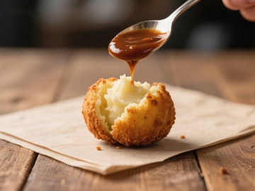 酥炸土豆球淋上浓郁酱汁