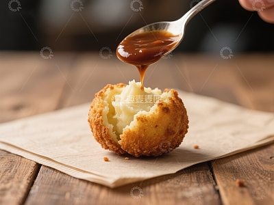酥炸土豆球淋上浓郁酱汁