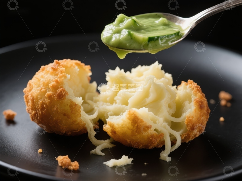 高清大图下载【趣麦麦图】金黄炸球配绿色酱汁