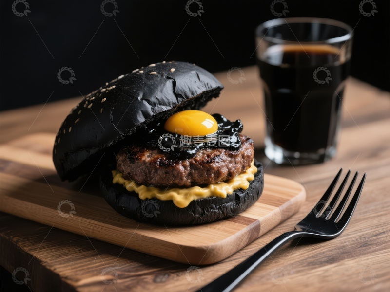 高清大图下载【趣麦麦图】黑色汉堡配蛋黄与芝士