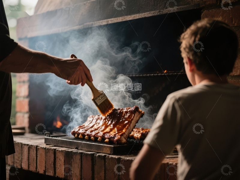 高清大图下载【趣麦麦图】烧烤架上涂抹酱料的美味肋排