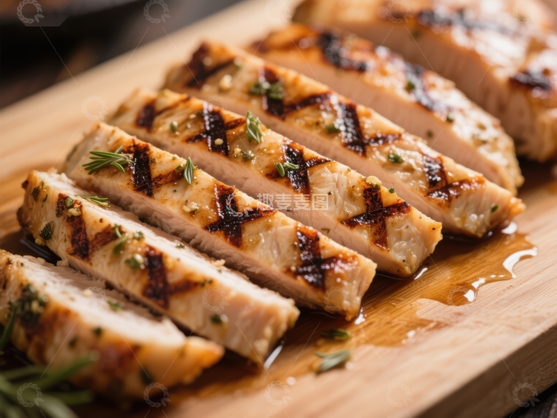 高清大图下载【趣麦麦图】烤制鸡肉切片，木板上摆放
