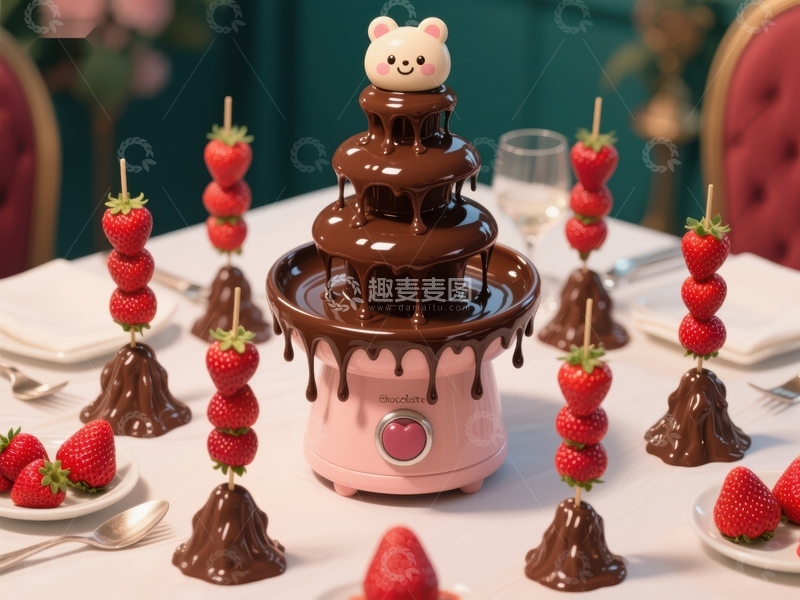 高清大图下载【趣麦麦图】巧克力喷泉与草莓串装饰