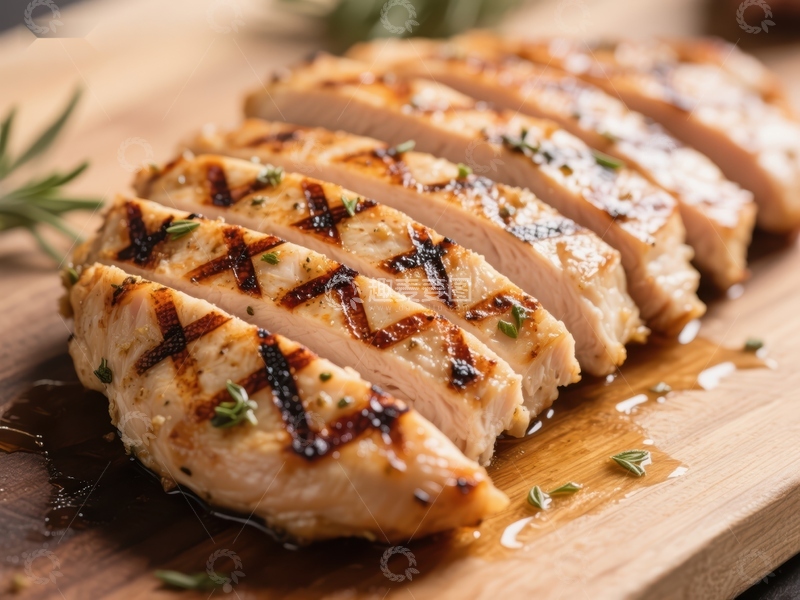 高清大图下载【趣麦麦图】烤鸡胸肉切片，木板上摆放