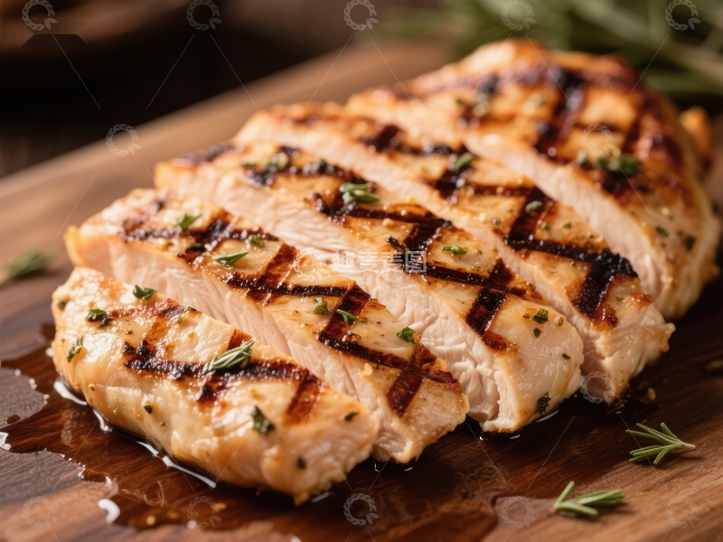 高清大图下载【趣麦麦图】烤制鸡肉切片，撒有香草
