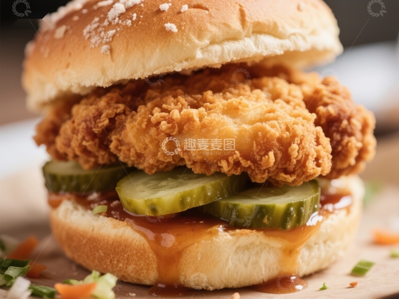 高清大图下载【趣麦麦图】酥脆炸鸡汉堡配酸黄瓜