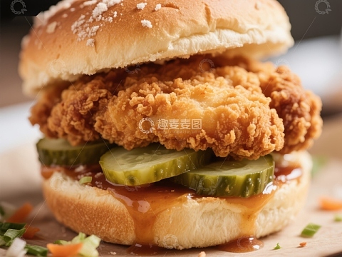 酥脆炸鸡汉堡配酸黄瓜
