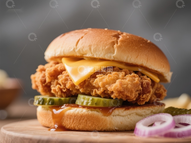 高清大图下载【趣麦麦图】酥脆炸鸡汉堡配芝士和酱料