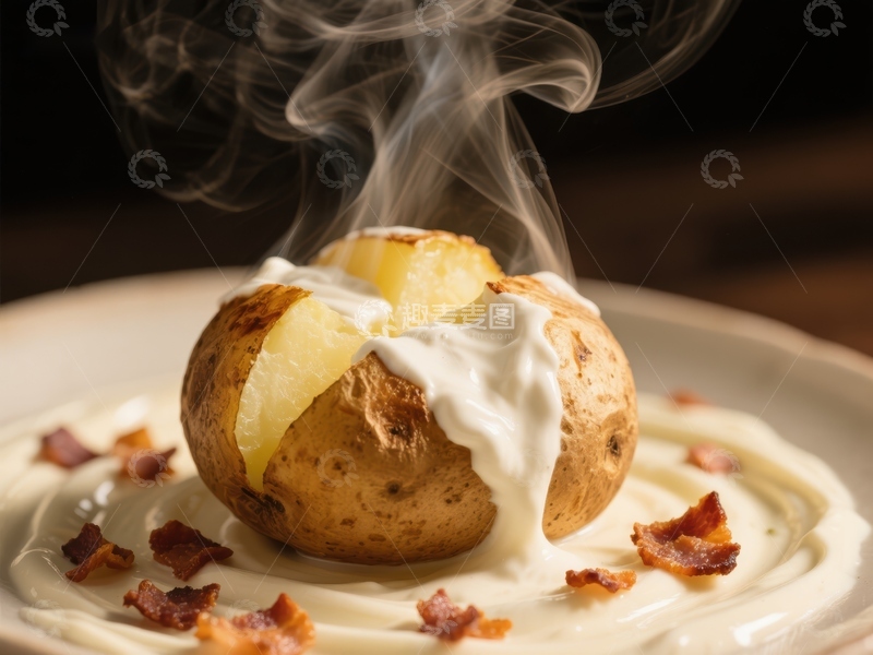 高清大图下载【趣麦麦图】热腾腾的烤土豆配酸奶油和培根