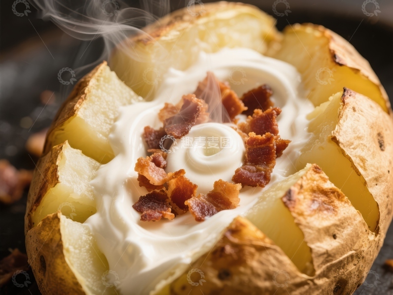 高清大图下载【趣麦麦图】热腾腾的烤土豆配酸奶油和培根