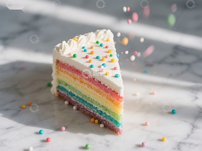 彩虹蛋糕切片，撒满彩色糖珠