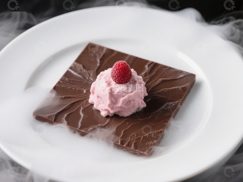 高清大图下载【趣麦麦图】巧克力板上的覆盆子奶油甜点