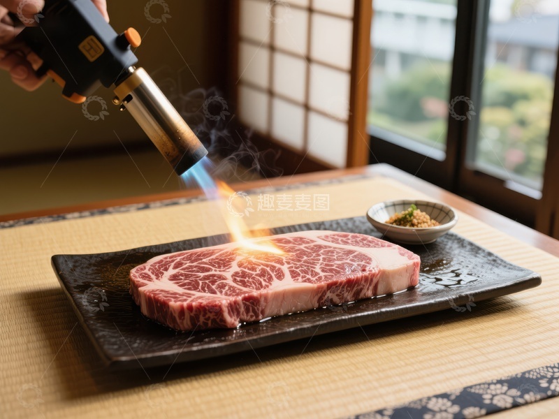 高清大图下载【趣麦麦图】火焰炙烤牛肉，日式料理艺术