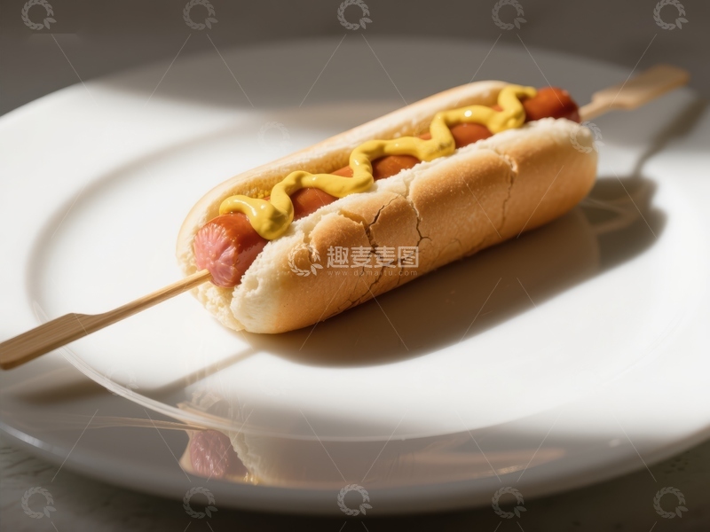 高清大图下载【趣麦麦图】热狗配芥末，置于白色盘中