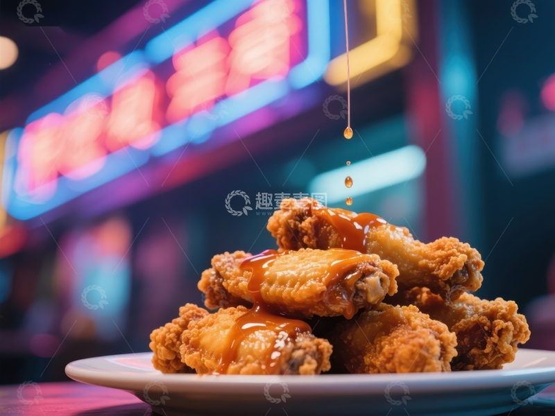 高清大图下载【趣麦麦图】酱汁淋鸡翅，霓虹灯下美食