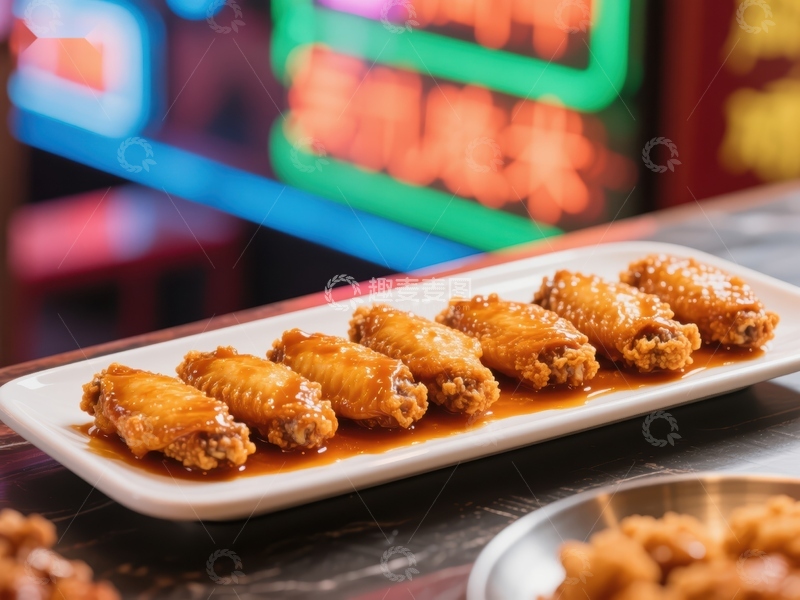高清大图下载【趣麦麦图】美味鸡翅摆盘，霓虹灯下诱人美食