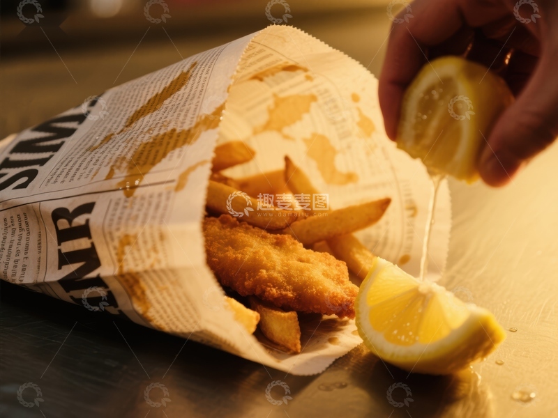 高清大图下载【趣麦麦图】挤柠檬汁的炸鱼薯条