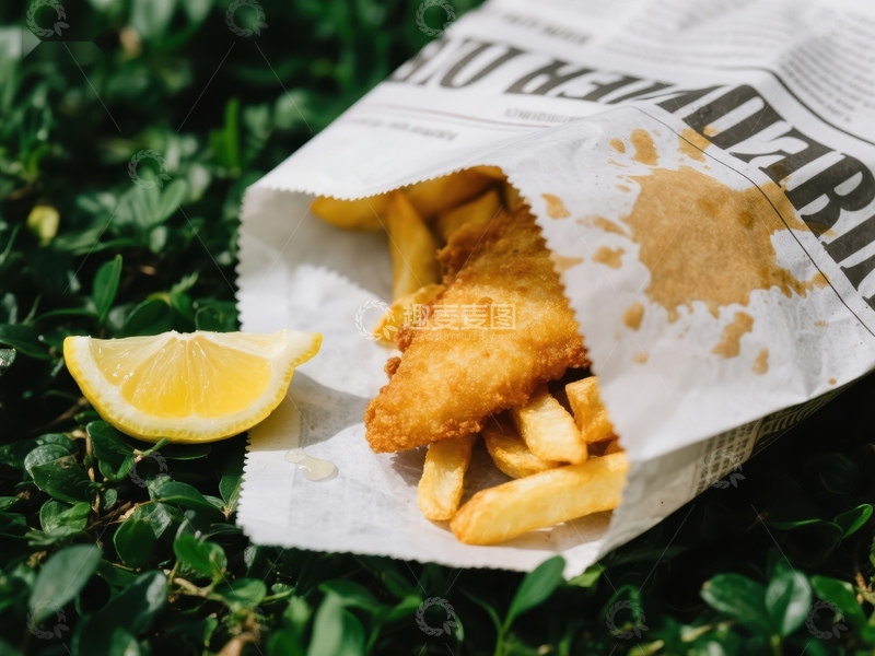 高清大图下载【趣麦麦图】纸袋中的炸鱼薯条配柠檬