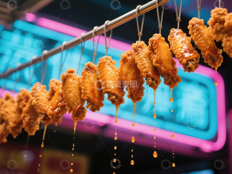 高清大图下载【趣麦麦图】夜市烤鸡翅，霓虹灯下诱人美食