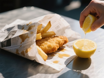 挤柠檬汁淋在炸鱼薯条上