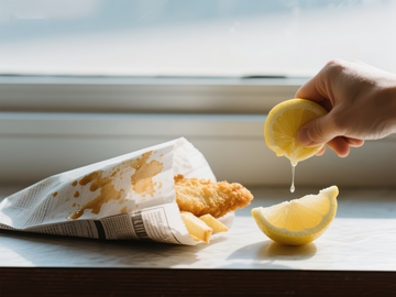 挤柠檬汁淋在炸鱼上