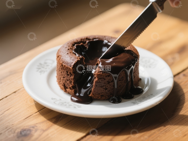 高清大图下载【趣麦麦图】巧克力熔岩蛋糕被刀切开，流出浓郁酱汁