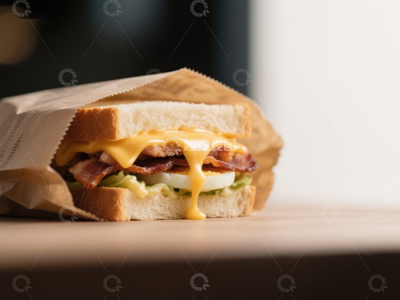 高清大图下载【趣麦麦图】美味培根芝士三明治特写