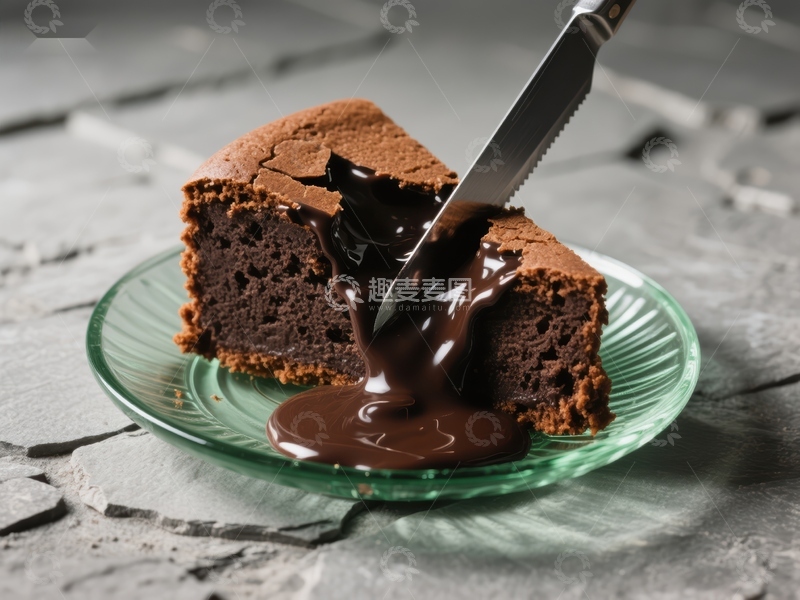 高清大图下载【趣麦麦图】巧克力蛋糕切片，浓郁酱汁流淌