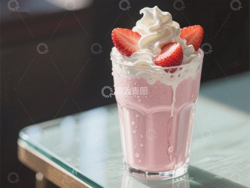 高清大图下载【趣麦麦图】草莓奶昔配奶油和新鲜草莓
