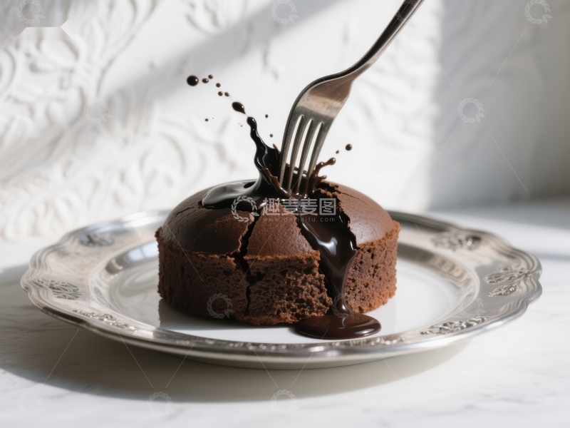 高清大图下载【趣麦麦图】巧克力熔岩蛋糕被叉子插入瞬间