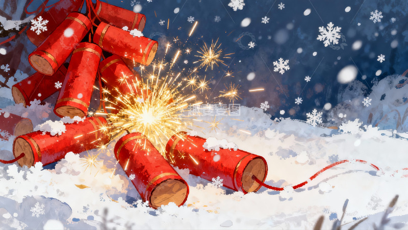 高清大图下载【趣麦麦图】雪地烟花绽放节日氛围