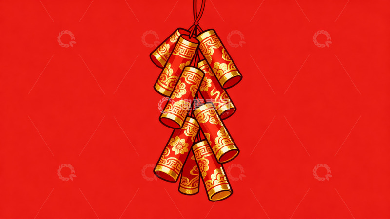 高清大图下载【趣麦麦图】红色背景上的金色鞭炮图案