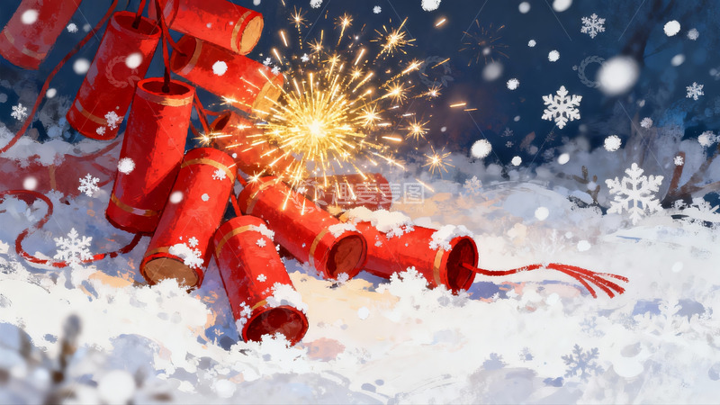高清大图下载【趣麦麦图】雪地烟花绽放节日氛围
