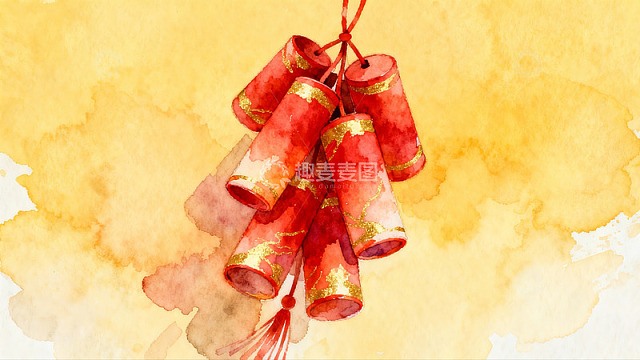 水彩画中的红色鞭炮挂饰