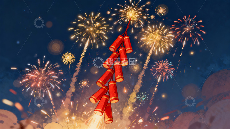 高清大图下载【趣麦麦图】夜空烟花绽放绚丽景象