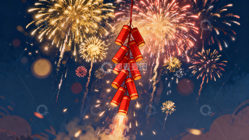 高清大图下载【趣麦麦图】夜空烟花绽放鞭炮悬挂