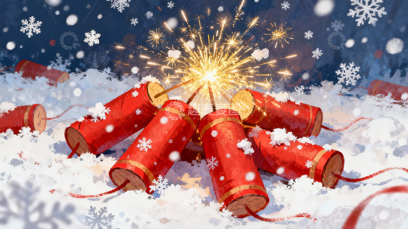 高清大图下载【趣麦麦图】雪地烟花绽放节日氛围