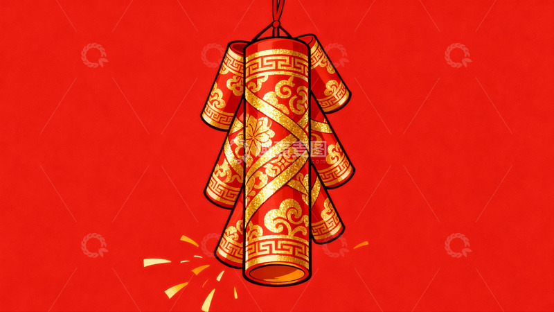 高清大图下载【趣麦麦图】红色背景上的金色鞭炮图案