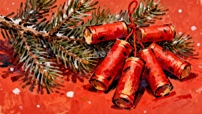高清大图下载【趣麦麦图】红色鞭炮与松枝雪景画