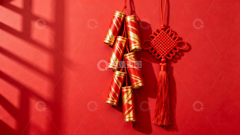 高清大图下载【趣麦麦图】红色背景上的新年装饰挂件