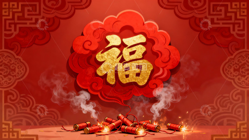 高清大图下载【趣麦麦图】春节烟花福字装饰画面