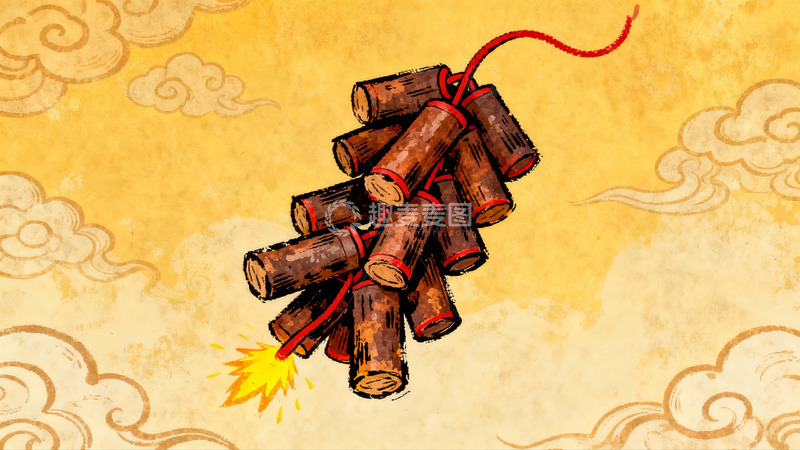 高清大图下载【趣麦麦图】传统爆竹燃放场景插画