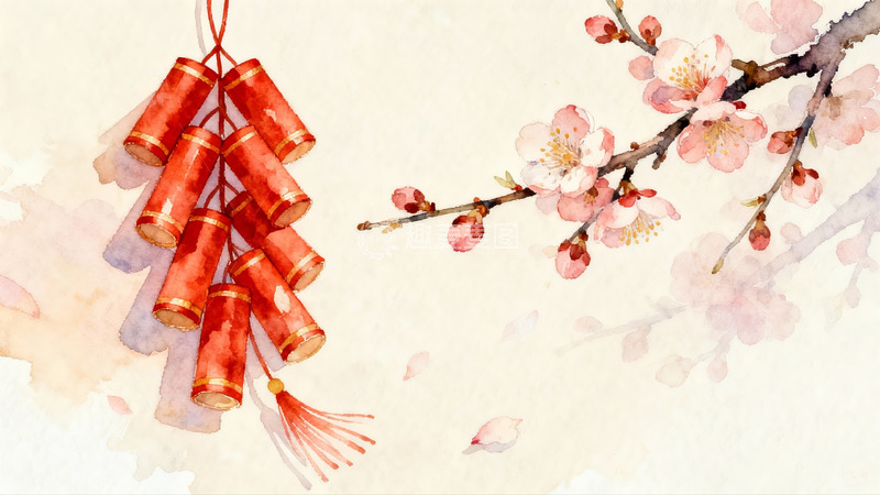 高清大图下载【趣麦麦图】水彩画中的鞭炮与梅花