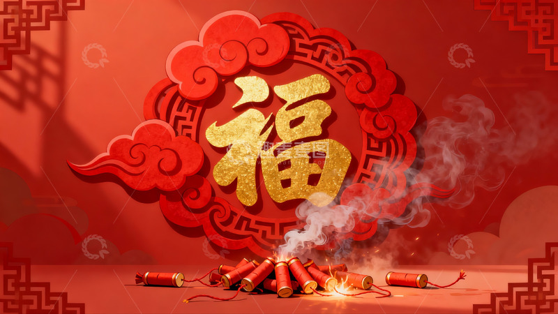 高清大图下载【趣麦麦图】春节烟花福字装饰画面