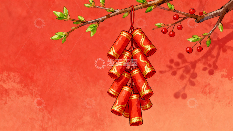 高清大图下载【趣麦麦图】红枝挂鞭炮 春节氛围浓