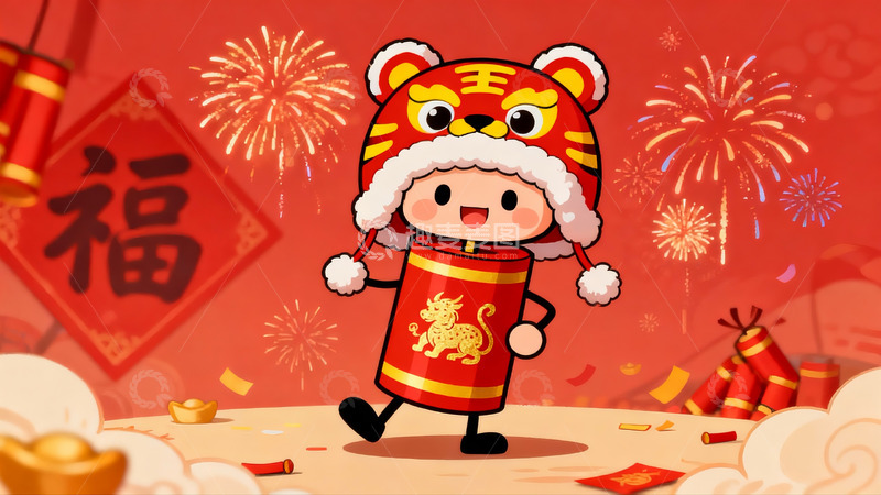 高清大图下载【趣麦麦图】卡通老虎新年庆祝手持鞭炮