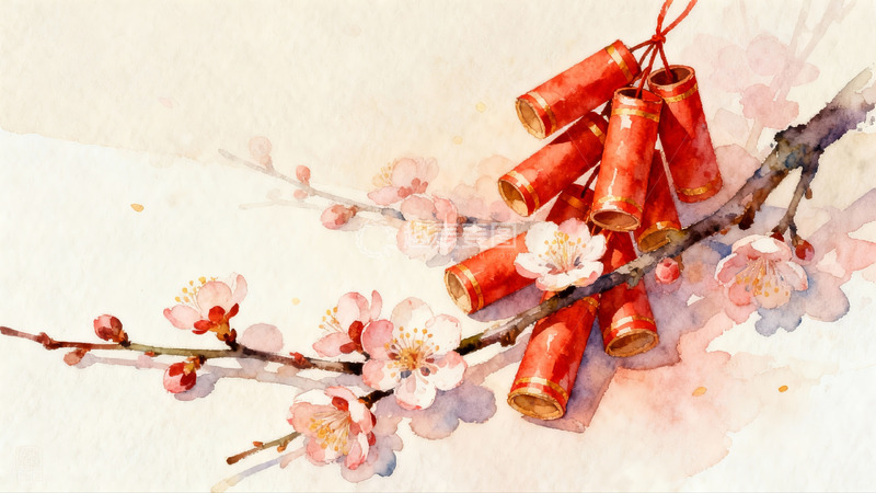 高清大图下载【趣麦麦图】水彩画中的梅花与红鞭炮
