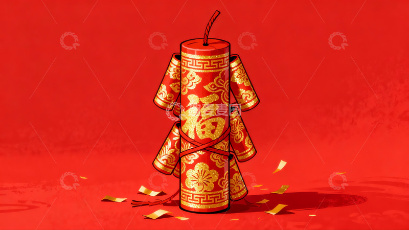 高清大图下载【趣麦麦图】红色背景上的金色鞭炮图案