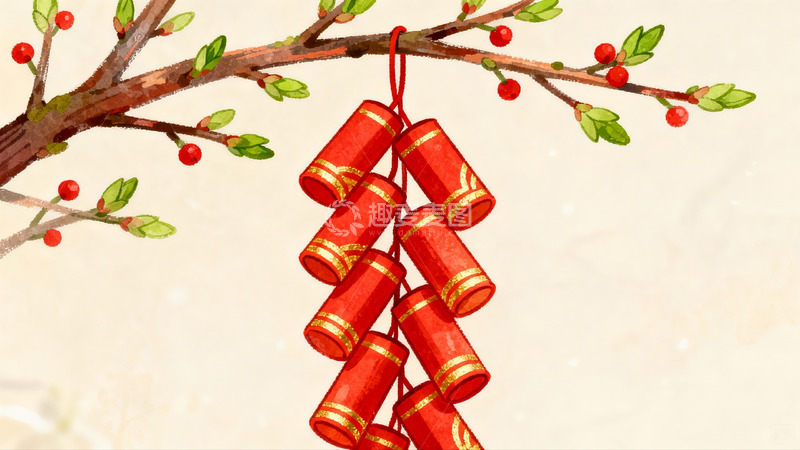 高清大图下载【趣麦麦图】春节挂饰红鞭炮与枝头