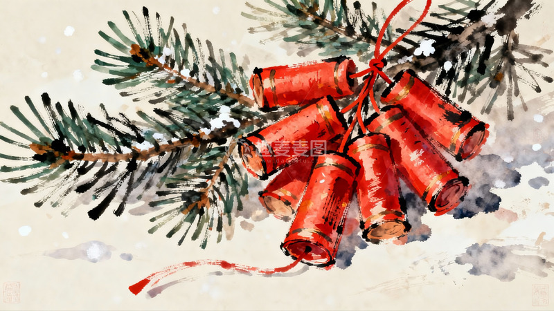 高清大图下载【趣麦麦图】水墨画风格的松枝与红鞭炮